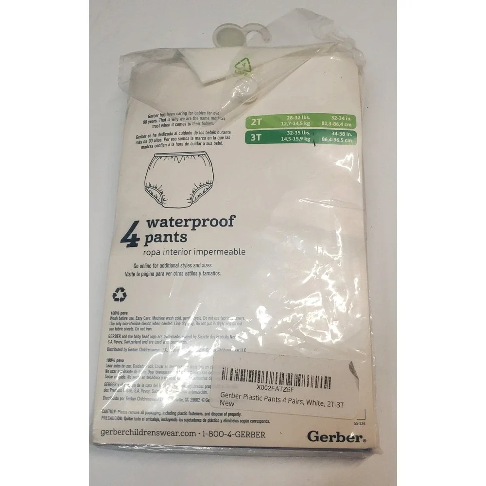 Gerber 4 Pack Waterproof Pants‎ for Cloth Diapers & Training Pants 2T 28-32 lb